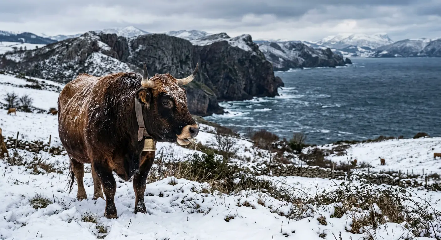 Wilde, kraftvolle Natur und eine Kuh in einer Winterlandschaft am Meer.